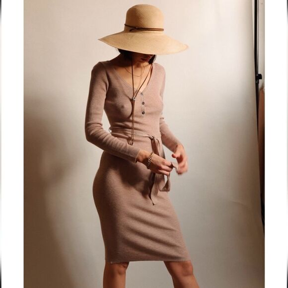 All Row Ribbed Knit Sweater Dress L | Mauve Midi Wool Cozy Soft Tie Waist NWOT - Picture 10 of 10